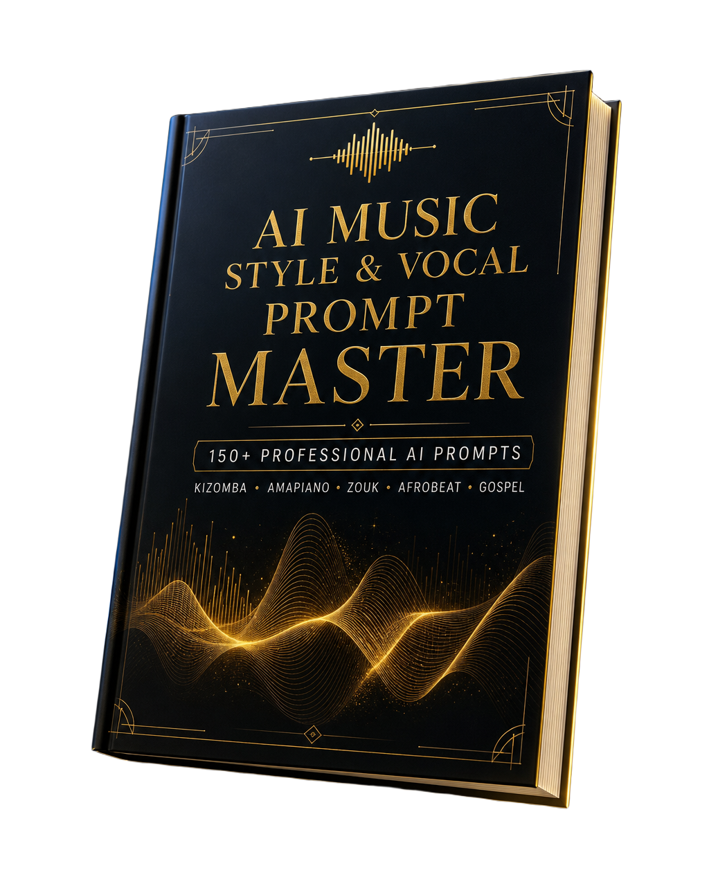Mockup 3D do ebook AI Music Style & Vocal Prompt Master com 150+ prompts profissionais